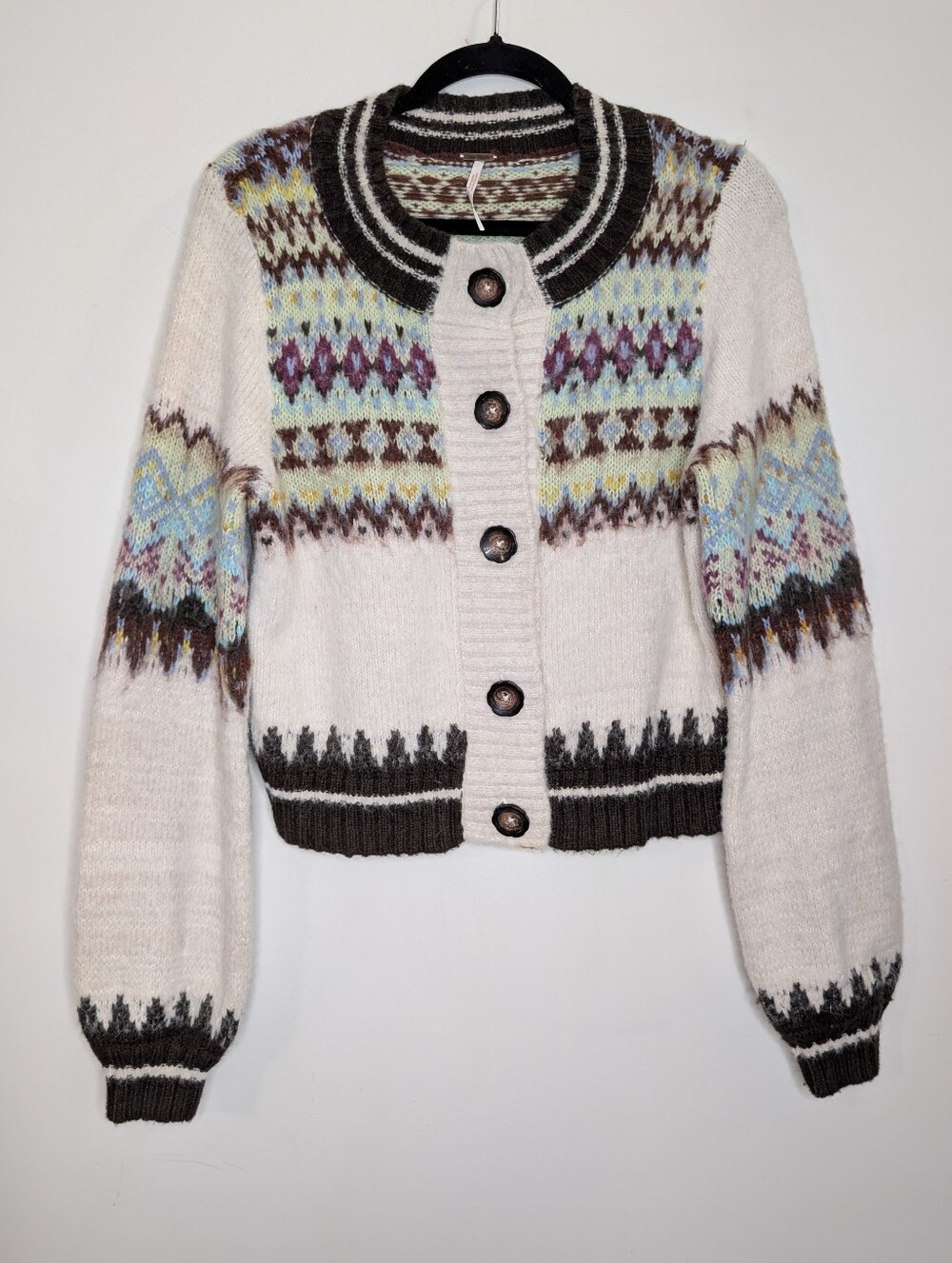 Free People We The Free Millie Fair Isle Cardigan Sweater Medium Boho Wool Blend - Picture 2 of 6